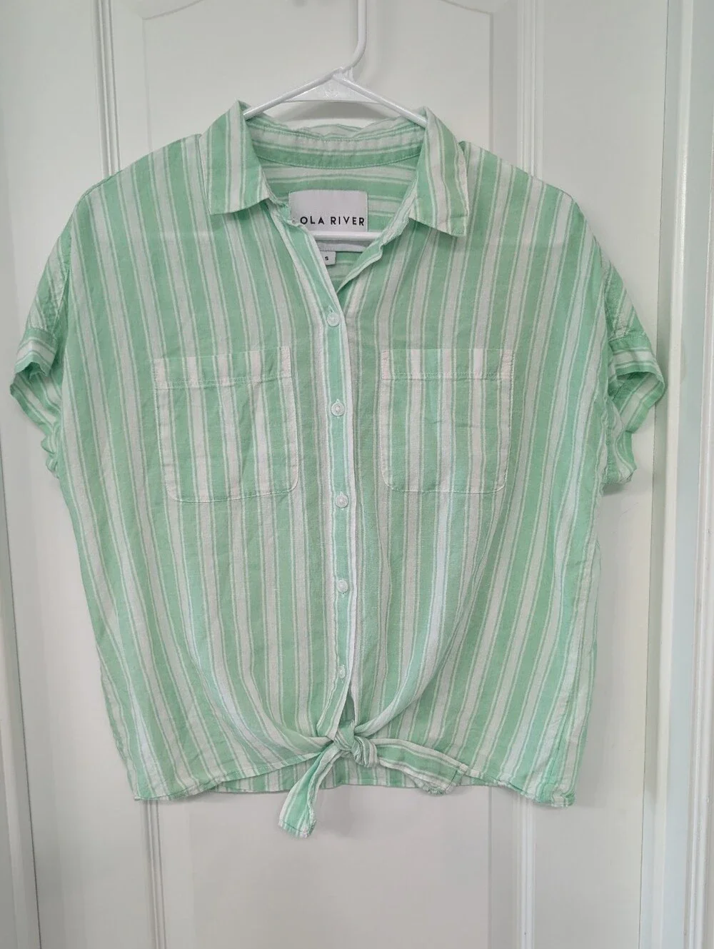 Lola River Mint Green Striped Tie-Front Button-Up Top